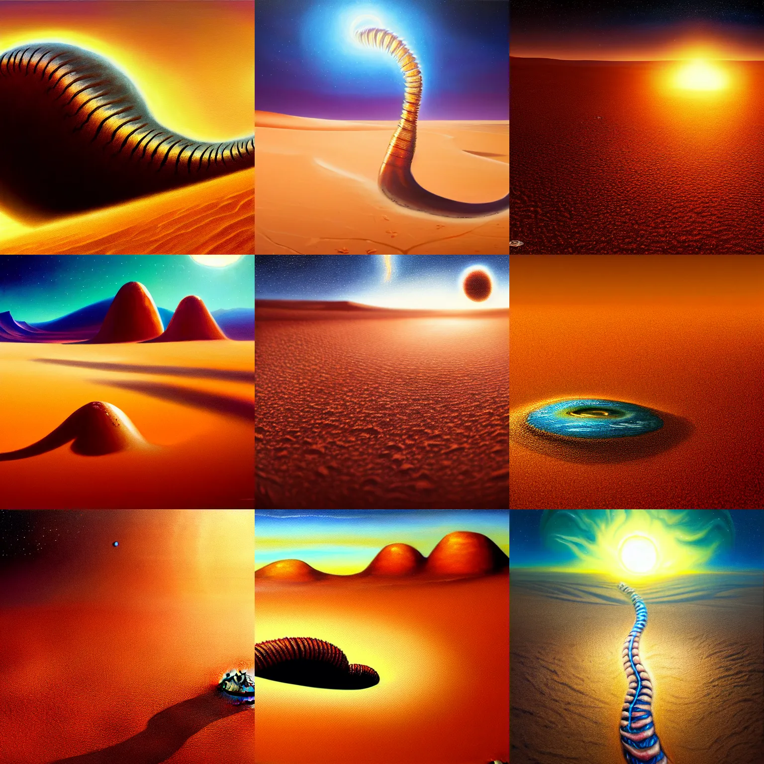 Prompt: oil painting of a desert alien world, giant worm in the sand, hyper realistic, award winning, trending on artstation, high detail, sci-fi, science ficiton, cinematic, bokeh, god rays, golden hour