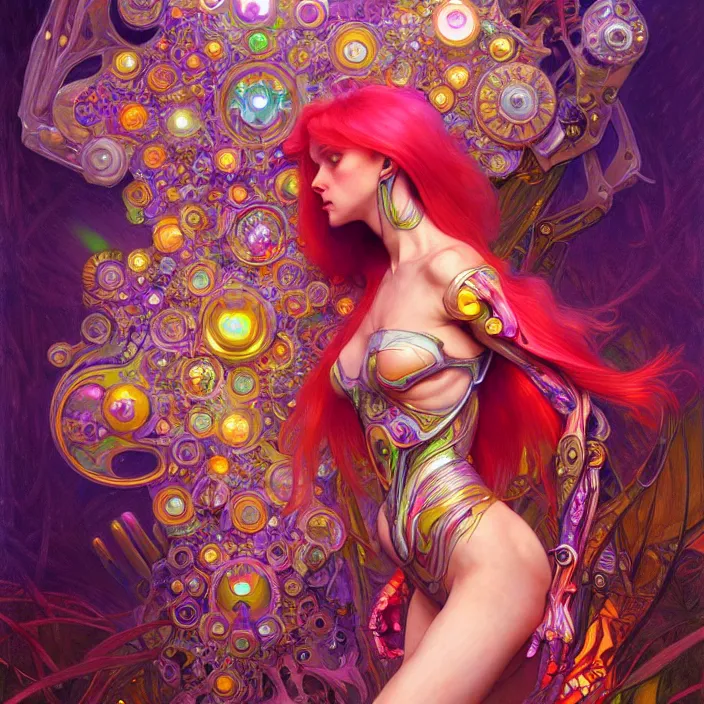 Prompt: bright psychedelic organic cyborg, 4th dimensional, diffuse lighting, fantasy, intricate, elegant, highly detailed, lifelike, photorealistic, digital painting, artstation, illustration, concept art, smooth, sharp focus, art by John Collier and Albert Aublet and Krenz Cushart and Artem Demura and Alphonse Mucha
