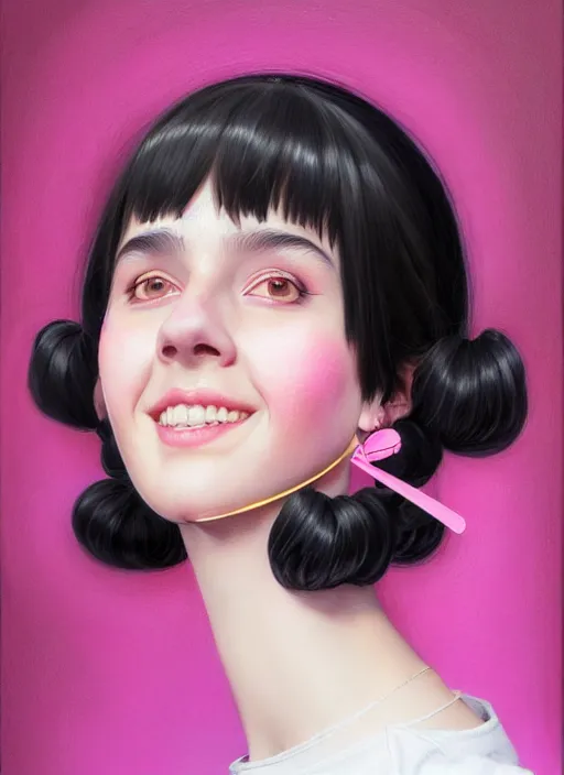 Image similar to portrait of high school girl, realistic, black hair, bangs, half updo hairstyle, pointy nose, skinny, smile, ugly, defined jawline, big chin, pink hair bow, earrings, intricate, elegant, glowing lights, highly detailed, digital painting, artstation, sharp focus, illustration, art by wlop, mars ravelo and greg rutkowski