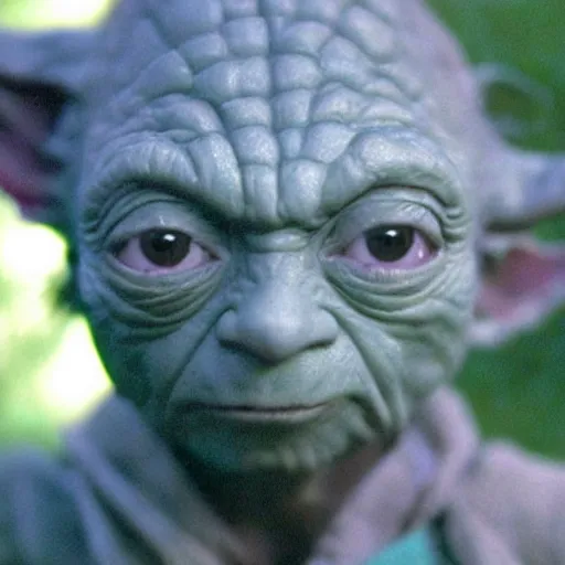 Image similar to A singular creature mix between Yoda and Gollum, center frame medium shot, shot on technicolor cinemascope 35mm anamorphic lense, flare, still from a movie