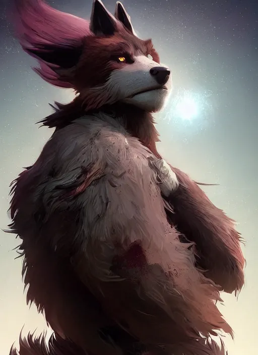 Image similar to beautiful portrait of a handsome black male anthropomorphic wolf fursona long red hair in destiny 2. character design by cory loftis, fenghua zhong, ryohei hase, ismail inceoglu and ruan jia. artstation, volumetric light, highly detailed, photorealistic, fantasy, rendered in octane