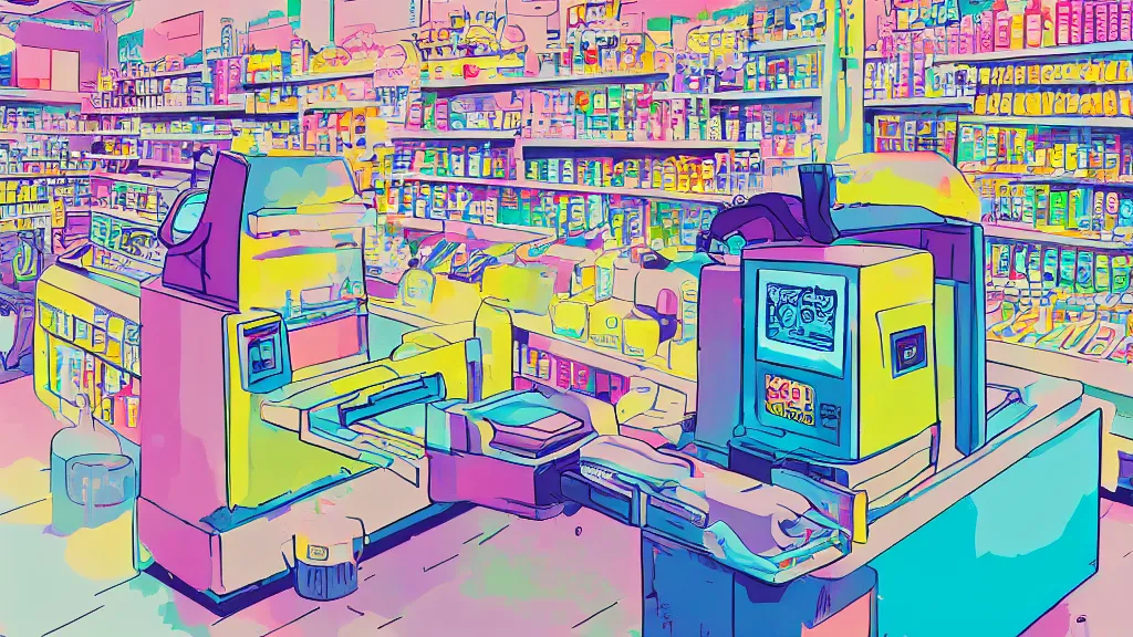 Image similar to cmyk risograph print cynical convenience store robo - cashier