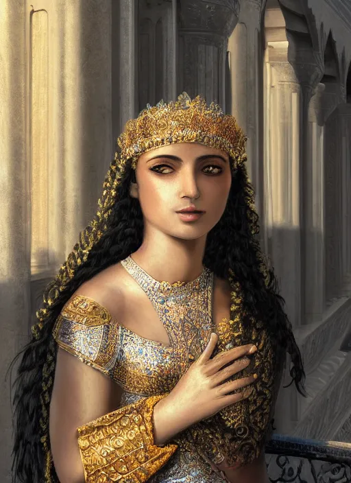 Image similar to beautiful close up portrait of a young Persian queen in Ancient Persia standing on the balcony of a palace, soft sunlight hitting face, realistic, digital art, 4k