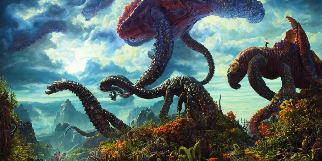 Image similar to fantasy oil painting, great leviathan, cybernetic turtle cephalopod terrapin reptilian pachyderm squid, bella hadid, hybrid, milla jovovich, anubis, epic natural light, lush plants flowers, spectacular mountains, bright clouds, luminous sky, outer worlds, golden hour, michael cheval, edward hopper, michael whelan, vray, hd