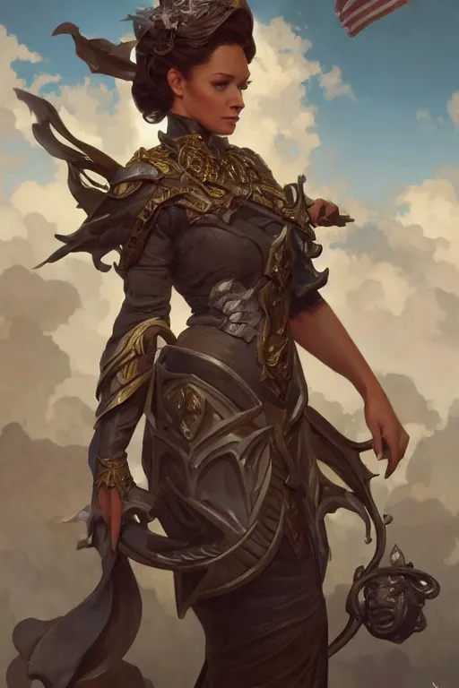 Image similar to personification of the united state of america, full body shot, d & d, fantasy, intricate, elegant, highly detailed, digital painting, artstation, concept art, matte, sharp focus, illustration, hearthstone, art by artgerm and greg rutkowski and alphonse mucha