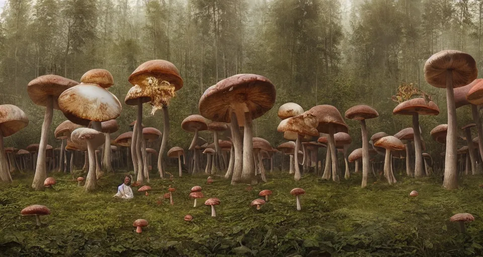 Image similar to A tribal village in a forest of giant mushrooms, by Alyssa Monks