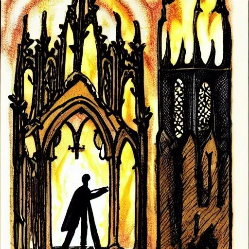 Prompt: priest on knees in front of burning church, gothic art, color, emotional, sad, dramatic, detailed