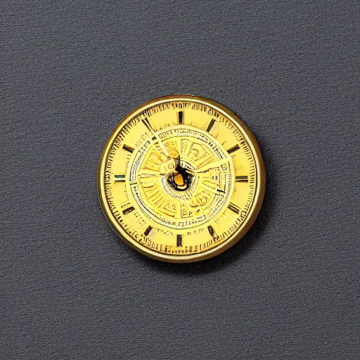 Prompt: a gold coin with a clock face printed on it, complex, high detail, close up