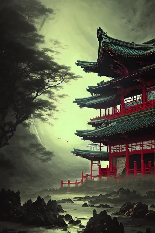 Image similar to a dreamland of chinese ukiyo - e, geometry and astrology, a decaying japanese temple, stunning atmosphere, nanotech demonic monster horror art by andreas achenbach and alena aenami