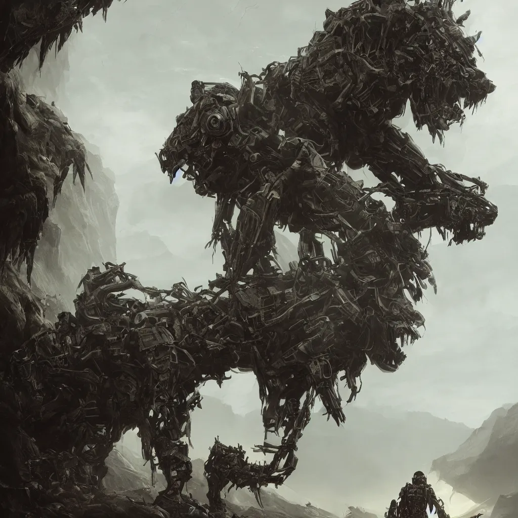 Image similar to Death Stranding Giant Lion BT Boss monster art, in the style of greg rutkowski, illustration, epic, fantasy, intricate, hyper detailed, artstation, concept art, smooth, sharp focus, ray tracing