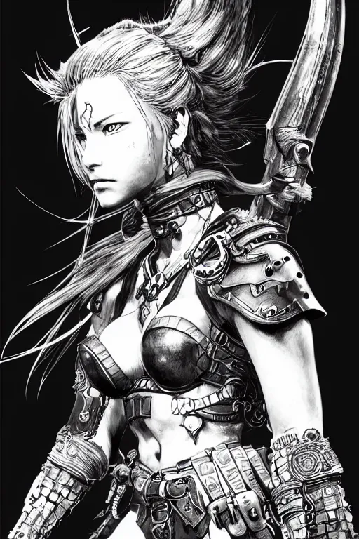 Prompt: detailed drawing of a warrior princess, very detailed character drawing, yoji shinkawa, yoshitaka amano, award - winning art, trending on artstation