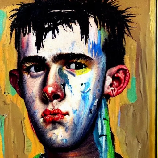 Image similar to detailed neo expressionism oil painting of sad boy lil peep rapper by basquiat and norman rockwell