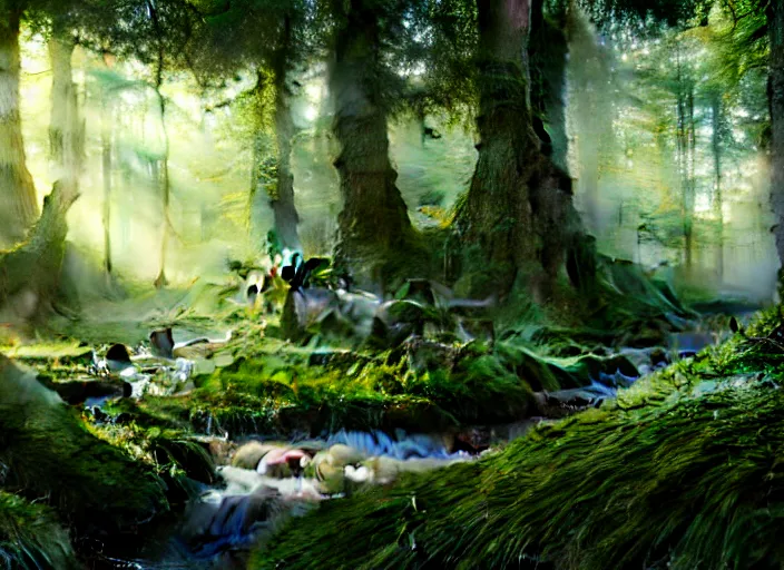 Image similar to hyperrealism, detailed textures, photorealistic 3 d render, a surreal mystical forest with a bright winding blue creek, wooly mammoths grazing, sharp focus, ultra realistic, ultra high pixel detail, cinematic, intricate, cinematic light, concept art, illustration, art station, unreal engine 8 k