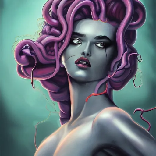 Image similar to medusa painting, comic style, seductive, dynamic lighting, artstation, detailed, blurred background