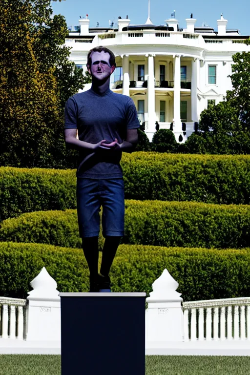 Image similar to A beautiful gold statue of Mark Zuckerberg in front of the White House, photo by Steve McCurry, heroic pose, detailed, smooth, smiling, professional photographer