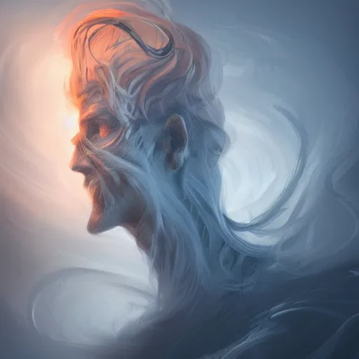 Image similar to side view of a man made of swirling smoke and tendrils of fog leaning against a wall, twilight colors, cinematic, highly detailed, digital painting, artstation, concept art, smooth, sharp focus, illustration