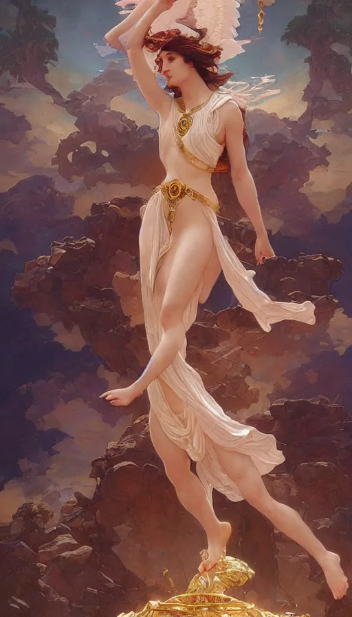 Image similar to goddess helios descending from olympus, artstation, concept art, smooth, sharp focus, illustration, art by artgerm and greg rutkowski and alphonse mucha and william adolphe bouguereau and john william waterhouse