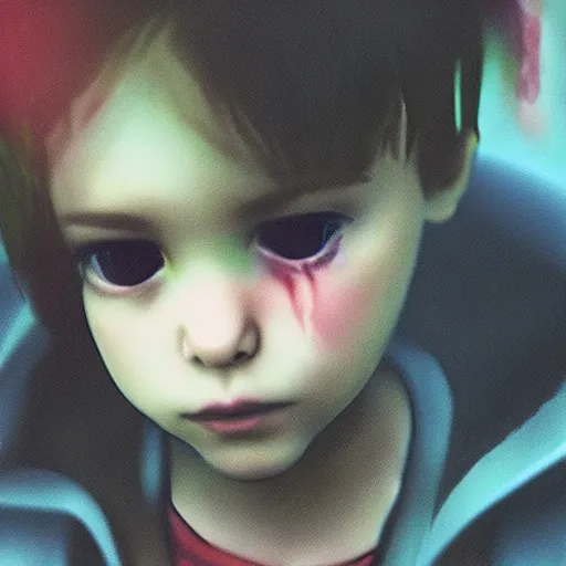 Image similar to sad kid. Close up photo. Glitchpunk.