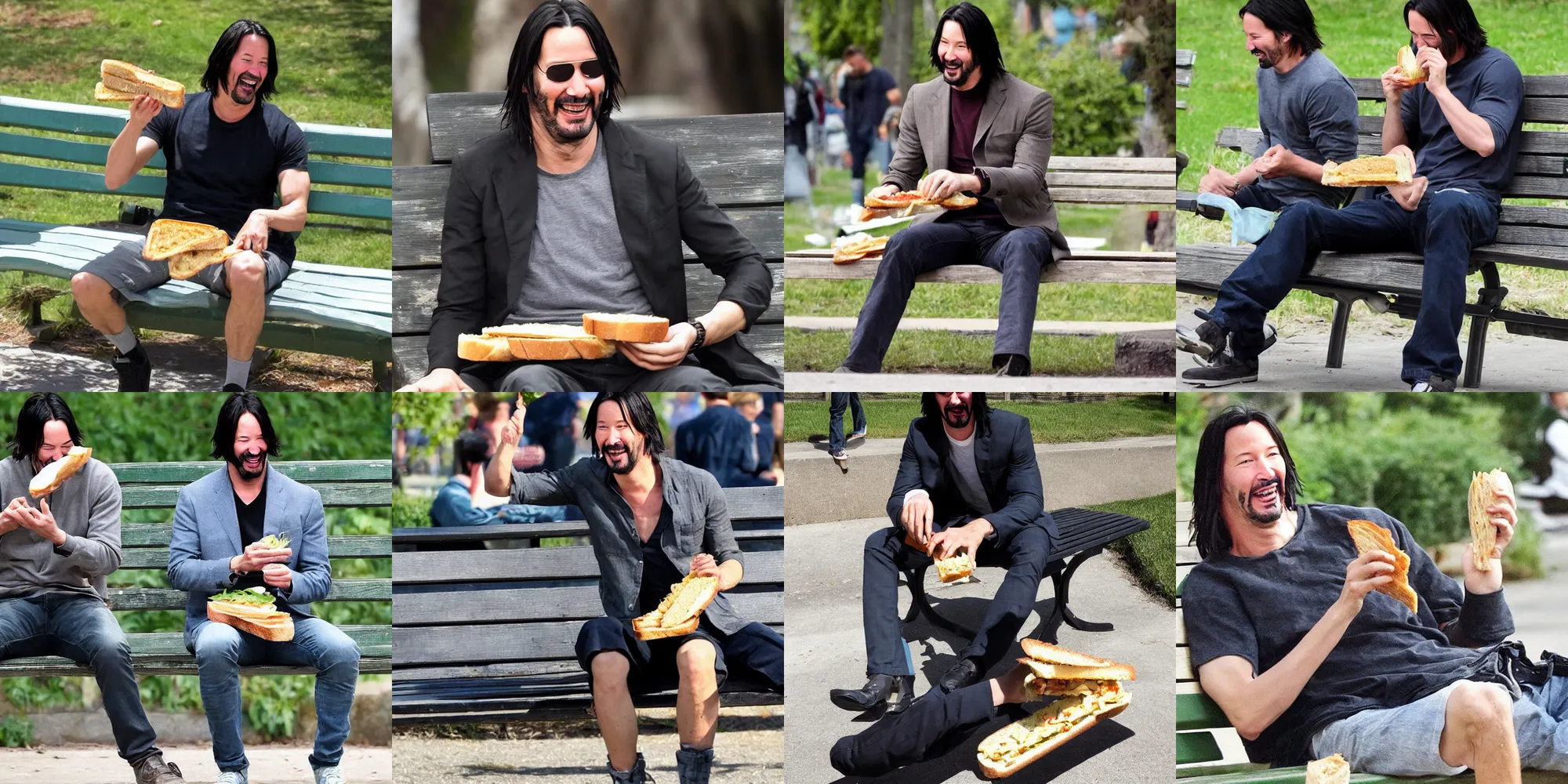 Prompt: keanu happily eating a sandwich on a park bench, enjoying life to its fullest, full of joy, candid photo