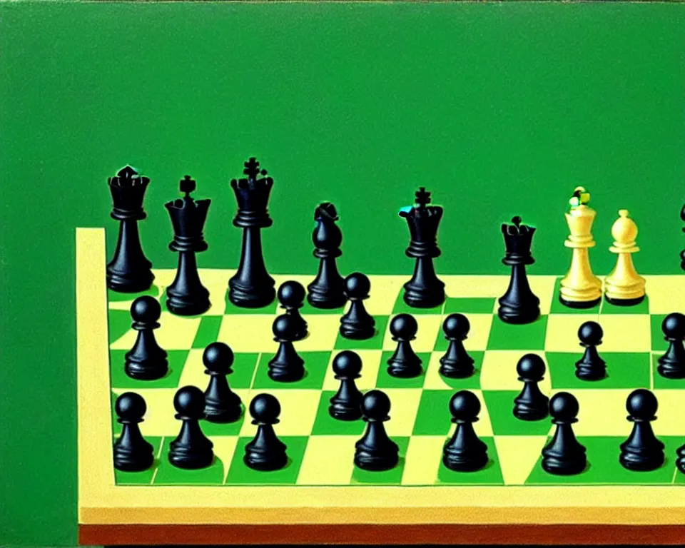 Prompt: a chess set on a green background by raphael, hopper, and rene magritte. pop art, detailed, proportional, romantic, enchanting