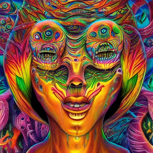 Image similar to hypercomplex floating horror head made out of blocks, submerged with psychedelic phantoms in fluid, horror art, surrounded by lush flora, by alex grey and lisa frank and karol bak and giger