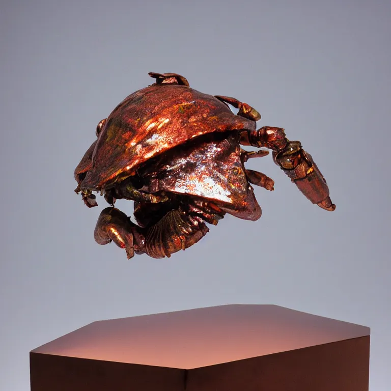 Prompt: hyperrealistic sculpture of an rusted fossilized iron hermit crab encased in a solid tube of iridescent glass on a pedestal by ron mueck and duane hanson and damien hirst, hyperrealistic dramatic colored lighting trending on artstation 8 k