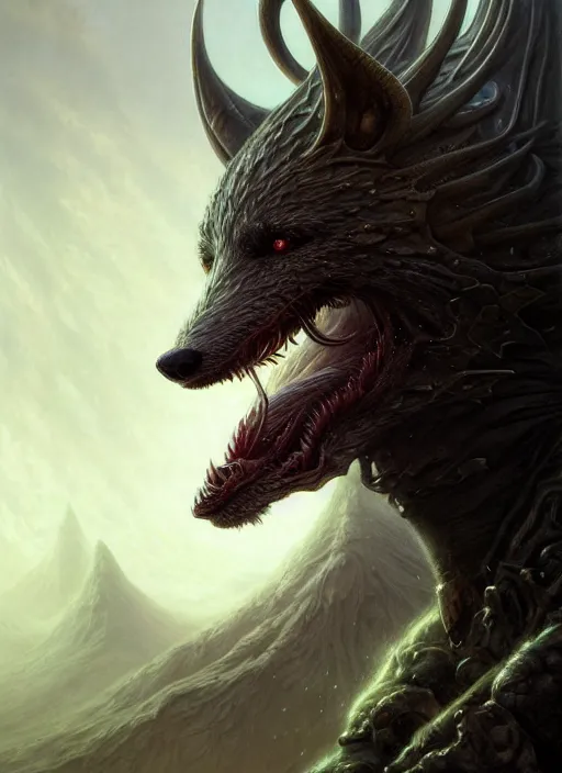 Prompt: closeup portrait shot of a fenrir in a scenic dystopian environment, intricate, elegant, highly detailed, centered, digital painting, artstation, concept art, smooth, sharp focus, illustration, artgerm, tomasz alen kopera, peter mohrbacher, donato giancola, joseph christian leyendecker, wlop, boris vallejo