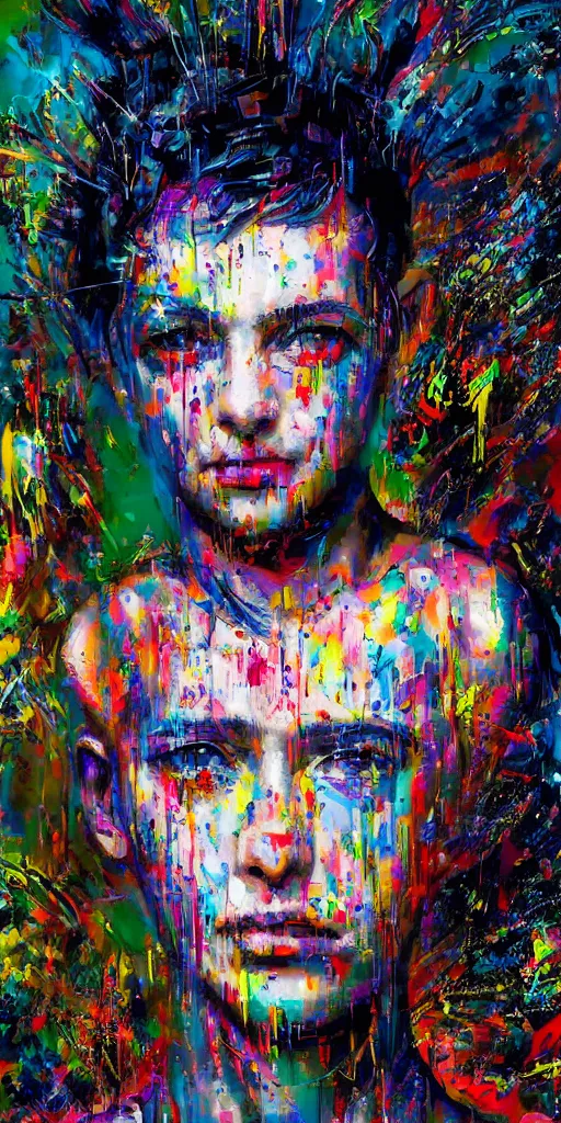 Prompt: portrait of a cyberpunk girl with a mohawk, by jackson pollock and wassily kandinsky, 4 k resolution, vivid colours, extremely detailed, dripping technique, oil paint, depth