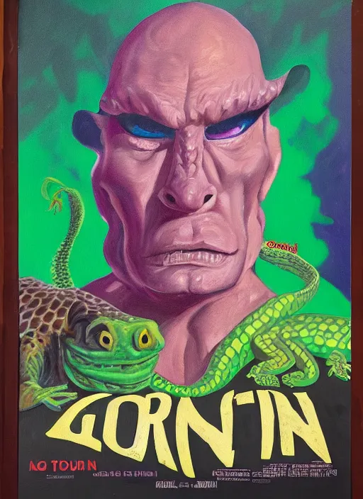 Image similar to oil painting portrait of a cowboy lizard person, a gorn from star trek, a snake oil salesman wearing a blonde wig in a movie poster for a movie called gorn on the bull horn girl, purple green color scheme