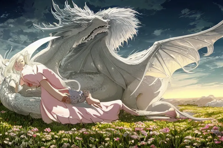 Image similar to a hyper detailed big render that beautiful princess lie on the ground be surrounded in the white clouds fairyland center by a huge silver white dragon, finely detailed angelic face, style of studio ghibli, makoto shinkai, xision, ilya kuvshinov and artgerm, kazuki tanahashi, james jean, animation style, golden curve composition, ultra wide angle