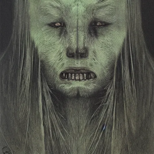 Prompt: portrait painting of 16 years old werewolf girl, by Beksinski