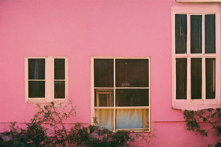 Prompt: film photography from 7 0 s, pink house with many windows, soft light, golden hour, in style of joel meyerowitz