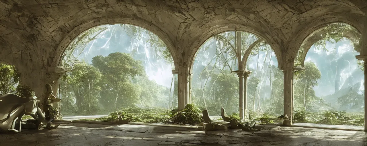 Prompt: Futuristic Roman room arched windows with view of a forest outside::1, organic neon lights, greenery, comfortable, cinematic, octane render, dreamlike, psychedelic, otherworldly, weird, vaporwave, interesting details, volumetric lighting, dramatic, fantasy, by Moebius, by zdzisław beksiński, Fantasy LUT, epic composition, 8k,