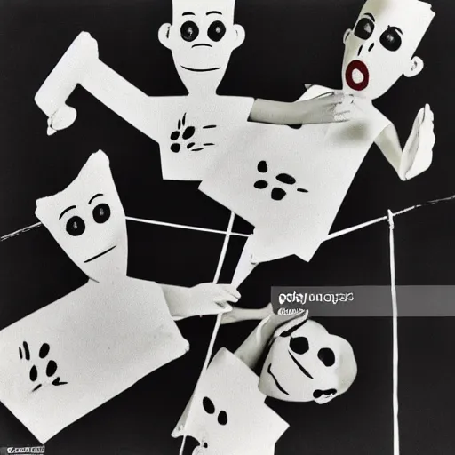 Prompt: 1 9 5 0 s children puppets on strings attacking viewer, angry face, scary, fear, horror, thriller, cinematic still, jumping towards viewer, jump scare, pov, wide shot, polaroid,