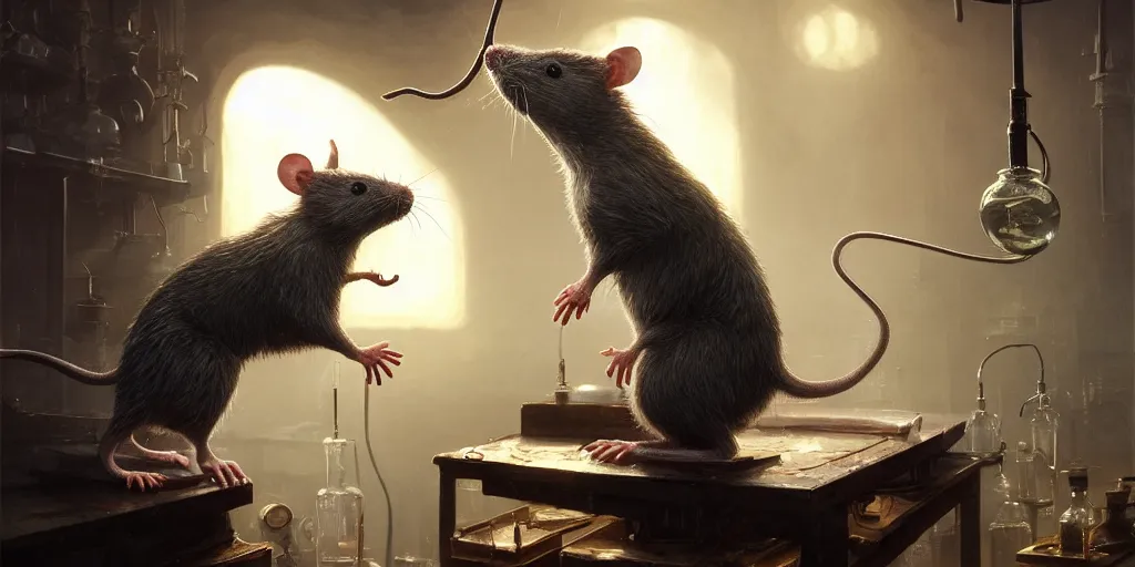 Image similar to highly realistic intricate rat standing on a desk in a laboratory with lots of flasks filled with magic liquids and poisonous fog, stephen bliss, unreal engine, fantasy art by greg rutkowski, loish, rhads, ferdinand knab, ilya kuvshinov, rossdraws, tom bagshaw, global illumination, radiant soft light, detailed and intricate environment