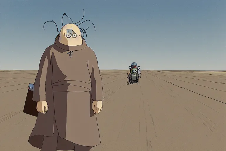 Image similar to a study of cell shaded cartoon of a grey mechanized monk from howl's moving castle ( 2 0 0 4 ) on a desert road, full body, wide shot, very muted colors, post grunge, studio ghibli, laurie greasley, highly detailed, deviantart, art by artgem