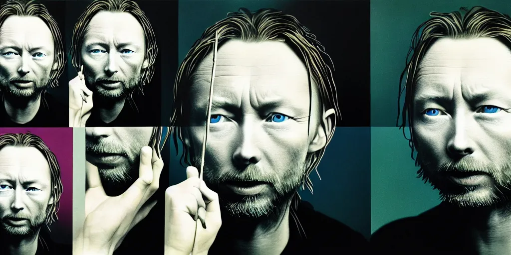 Prompt: beautiful photographs of prints of thom yorke pictures on a table, hyper realistic, variations of thom yorke holding a stick, right side profile, forest, water, moon, very wide angle high quality photograph, mixed styles, intricate details, diverse colors, deep emotional impact