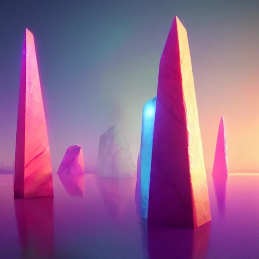 Image similar to a beautiful matte painting of colorful giant glowing crystal obelisks in serene landscape by beeple, featured on Artstation, digital art, rectilinear