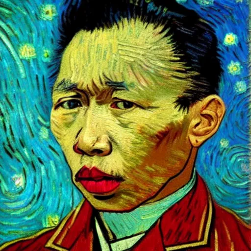 Prompt: pol pot in van gogh painting, 4 k, hyper realistic, dslr, high resolution, landscape, beautiful