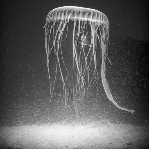 Image similar to bioluminiscent jellyfish, award winning black and white photography