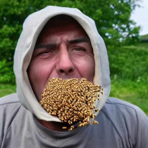 Prompt: a man with a mouth full of bees, close up,