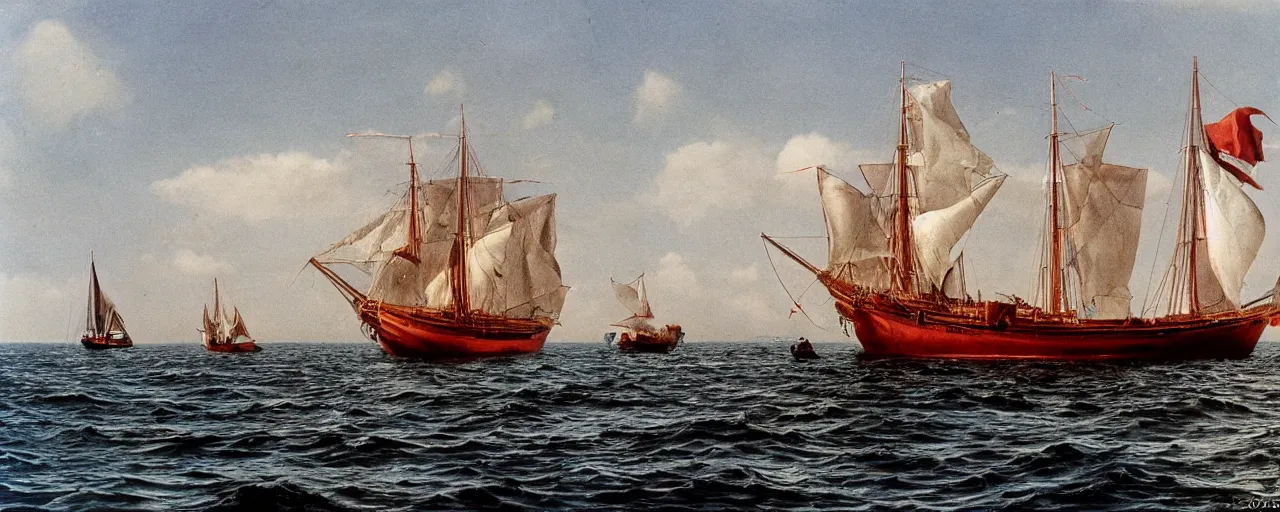 Prompt: dutch east india company trading spaghetti, sailboat, open ocean, canon 5 0 mm, kodachrome, in the style of galen rowell, retro