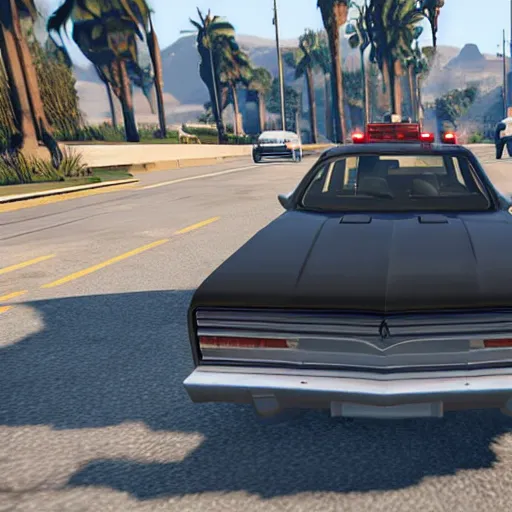 Image similar to GTA V arnold schwarzenegger screenshot stealing a cop car