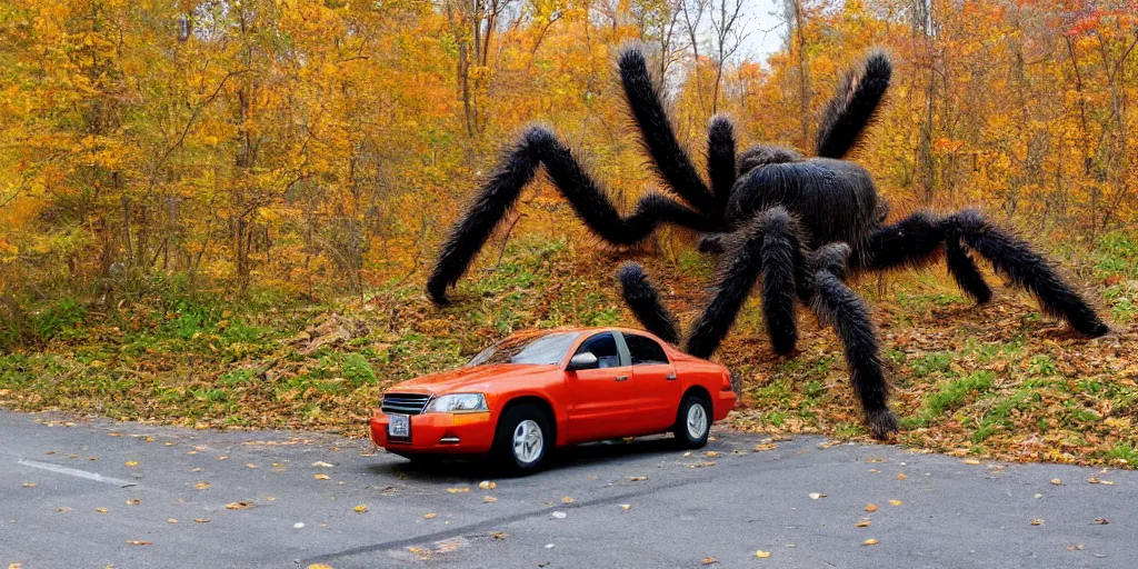 Image similar to A photo of a giant tarantula waits behind a car in autumn pennsylvania