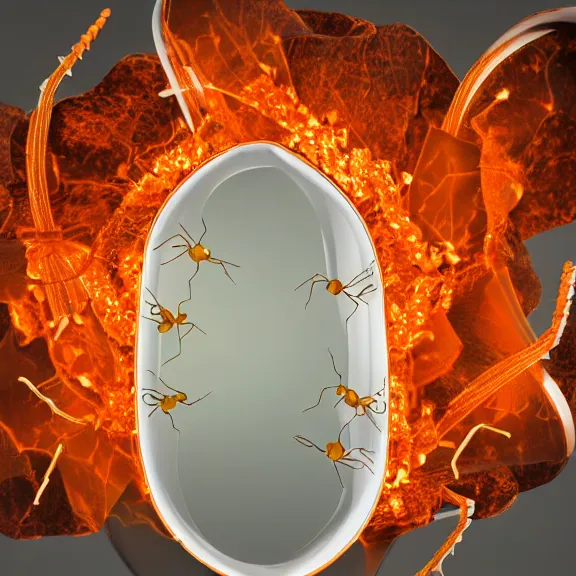 Prompt: a scientific illustration of a queen ant, beautiful shaped glass object made of fire flame frosted glass with a light orange white tint. studio lighting, high resolution, high quality, very detailed