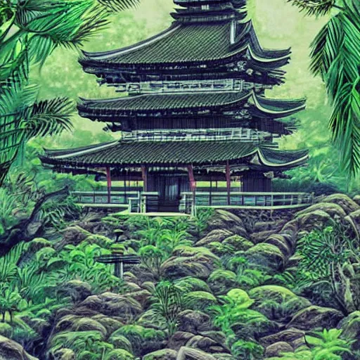 Image similar to a giant mystical temple in the middle of a rainforest, beautiful brushlines, japanese ink