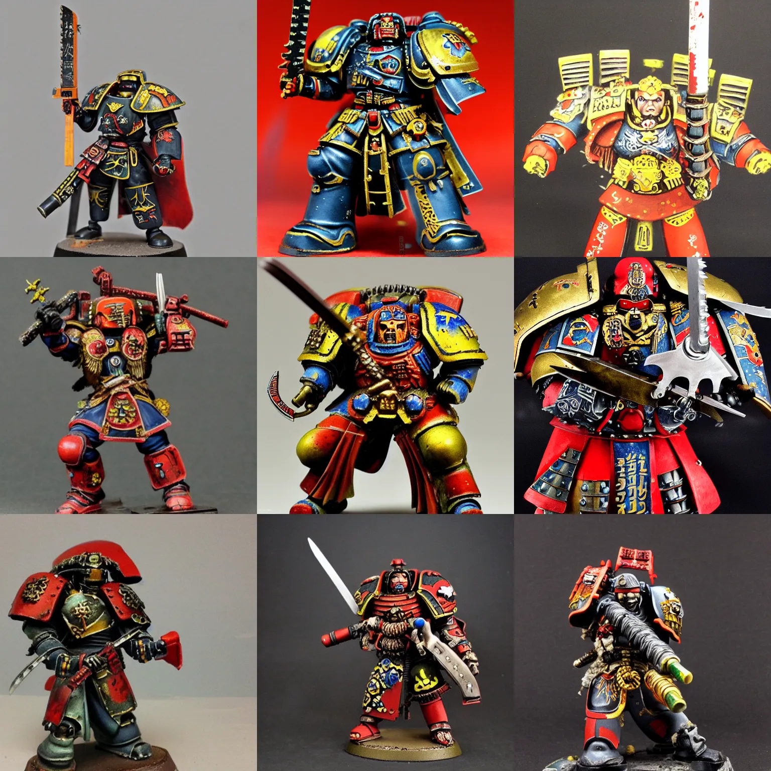 Prompt: Warhammer 40k Space Marine painted as a samurai from the Imperial era, Japan, Japanese art, Meji period, chainsaw sword katana, samurai armor, samurai warrior, detailed, brush painting