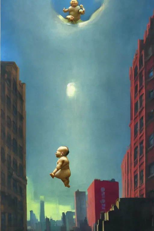 Image similar to evil human giant baby in huggies, grows up to the sky, against the backdrop of destroyed high - rise building, hauntingly surreal, highly detailed painting by francis bacon, edward hopper, adrian ghenie, gerhard richter, and james jean soft light 4 k,