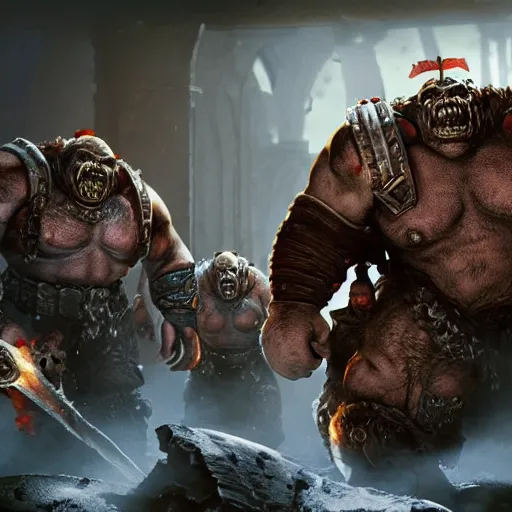 Image similar to orcs from warhammer in gears of war warcraft, fantasy, splash art, movie still, cinematic lighting, dramatic, octane render, long lens, shallow depth of field, bokeh, anamorphic lens flare, 8 k, hyper detailed, 3 5 mm film grain