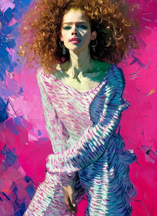 Prompt: portrait of a beautiful sensual woman, curly hair, smiling, ecstatic, dancing, shades of pink and blue, beautiful face, rule of thirds, intricate outfit, spotlight, by greg rutkowski, by jeremy mann, by francoise nielly, by van gogh, digital painting